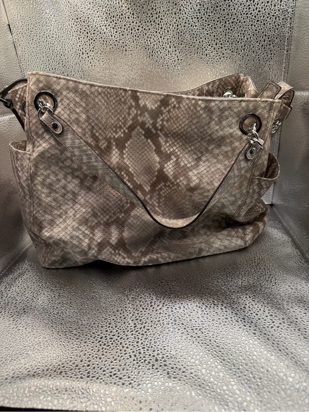 Michael Kors Taupe Snake-Print Shoulder Bag with Chain Straps - Picture 2 of 7
